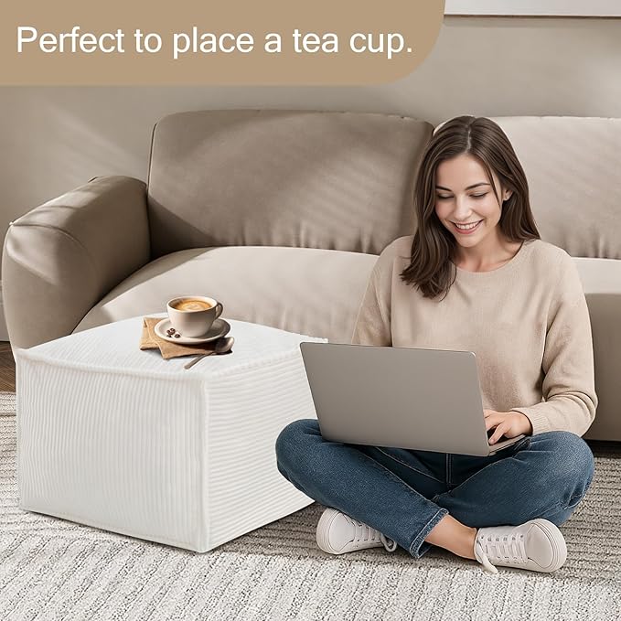 MeMoreCool Square Stuffed Pouf Ottoman Foot Rest, Corduroy Floor Pouf Foot Stool - Image 5