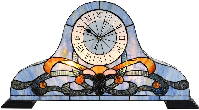 Bieye L10661 Baroque Desk Clock Tiffany Style Stained Glass Accent Table Lamp by Bieye