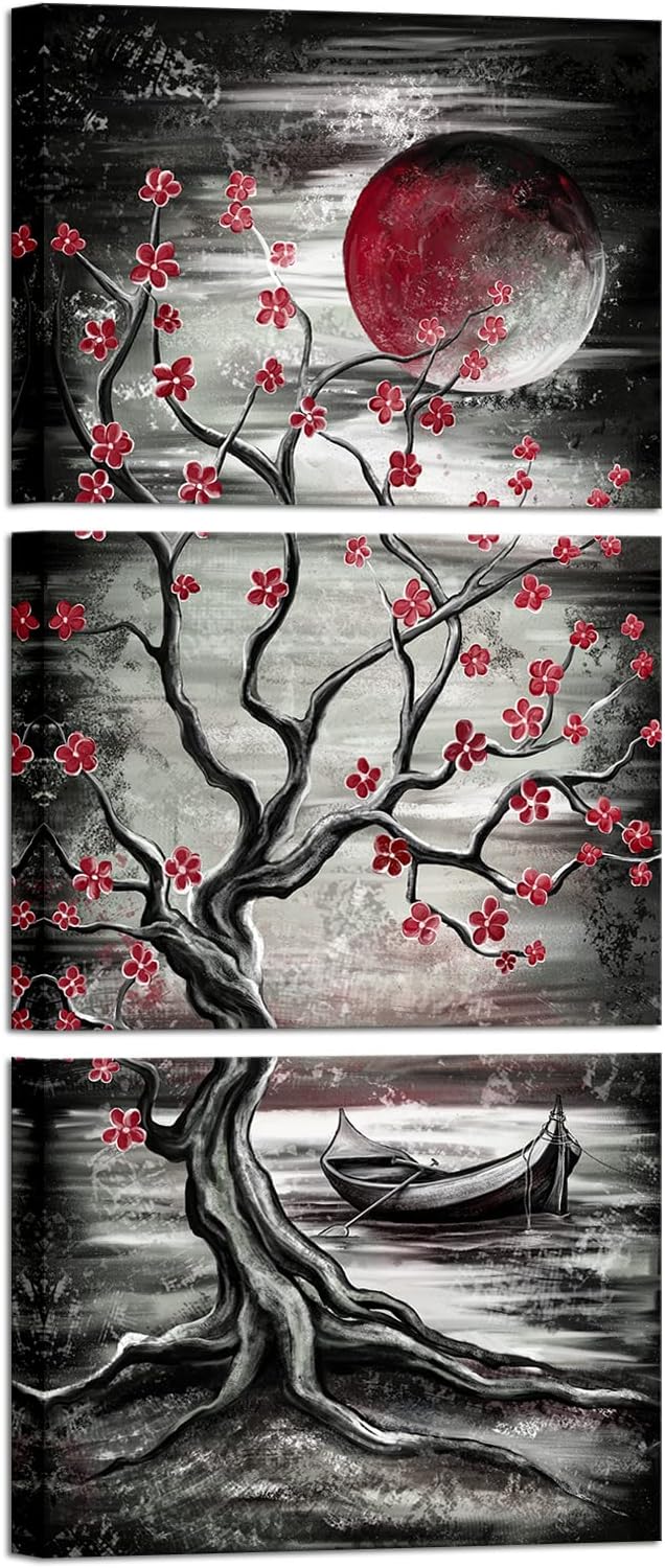 KREATIVE ARTS 3 Piece Full Moon Tree Canvas Wall Art Modern Abstract Black and by KREATIVEARTS