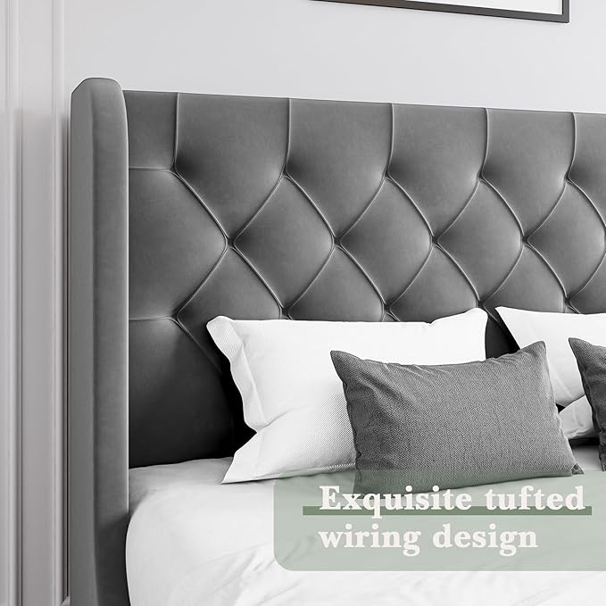 HOMBCK Full Size Bed Frame, Velvet Tufted, Curved Wingback Design, Wooden Slats - Image 5
