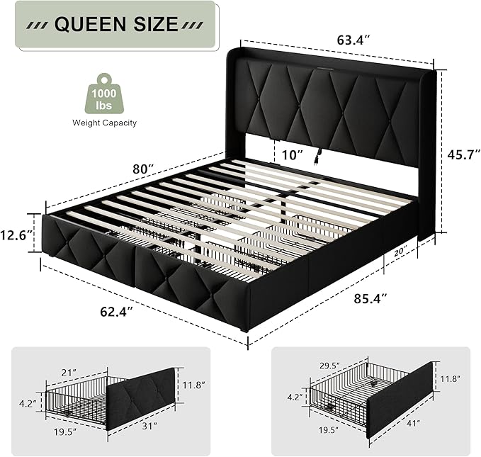 Feonase Queen Bed Frame with 4 Storage Drawers, Upholstered Platform Bed with - Image 2