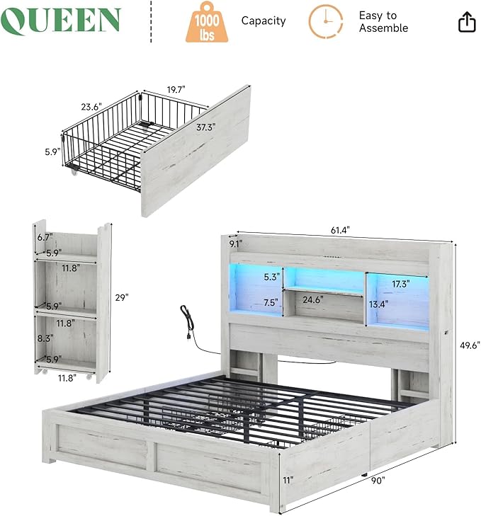 AMERLIFE Queen Bed Frame with 4 Storage Drawer, LED Bed Frame with 49.6" Tall - Image 2