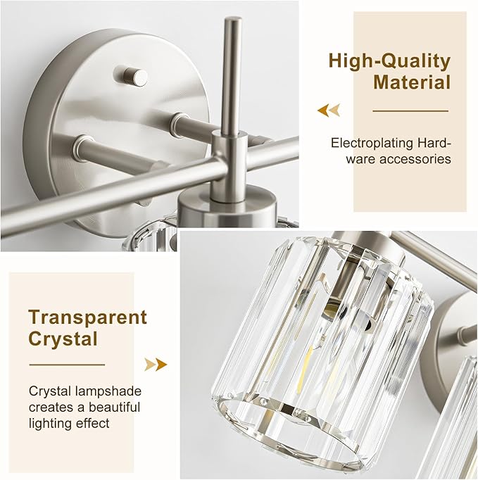 EJIAXIN 3 Light Crystal Bathroom Light Fixtures, Brushed Nickel Vanity Mirror - Image 3