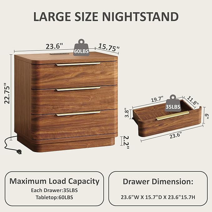 Nightstand Bedside Table with 3 Storage Drawers, Modern Wide End Table Side - Image 2