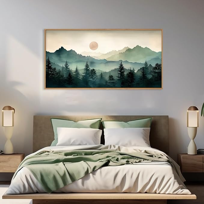 LHIUEM Large Boho Mountain Framed Wall Art Set, Watercolor Pine Tree Wall - Image 4