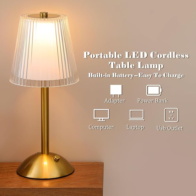 Liliful 2 Pcs Cordless Table Lamp Rechargeable Touch LED Small Gold Portable - Image 3