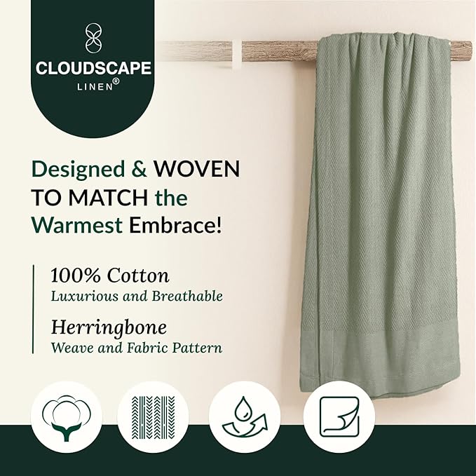 Cloud Scape Linen 100% Cotton Blanket 92x92 Olive Green - Image 2
