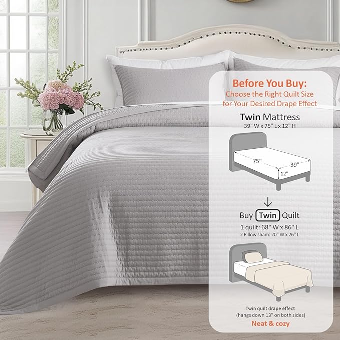 KASENTEX Twin Quilt Set 68"x86" – Soft Washed 3-Layer Lightweight Bedspread - Image 3