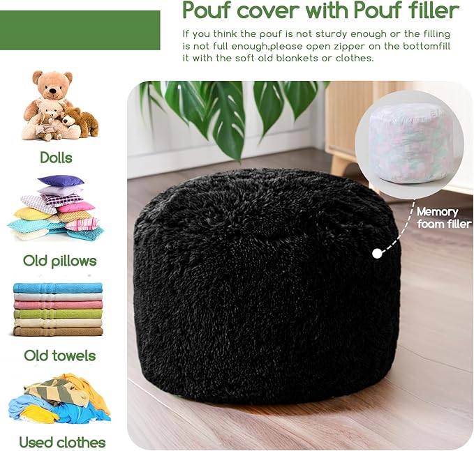 HIGOGOGO Round Stuffed Pouf Ottoman, Long Faux Fur Poufs - Image 4