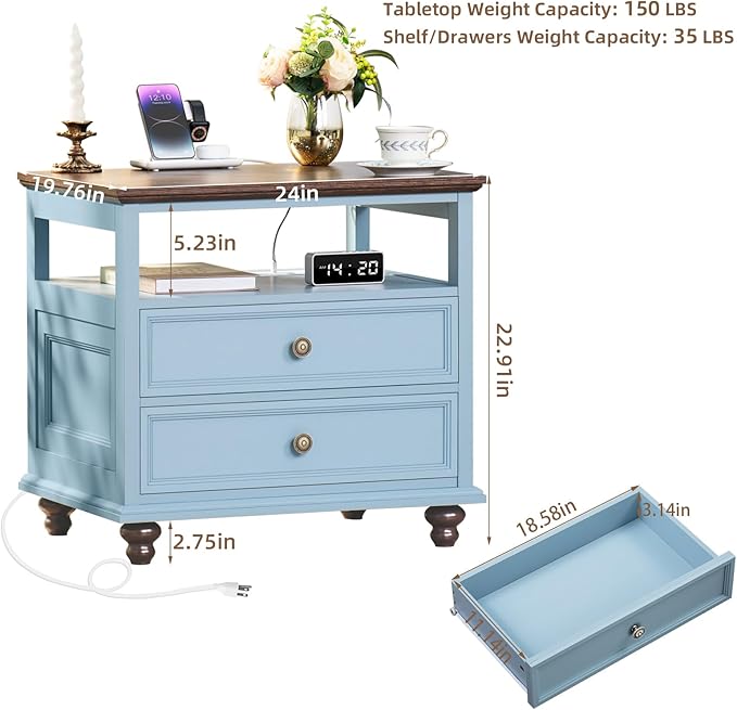 Farmhouse Nightstand with Charging Station, Light Blue Dresser - Image 2