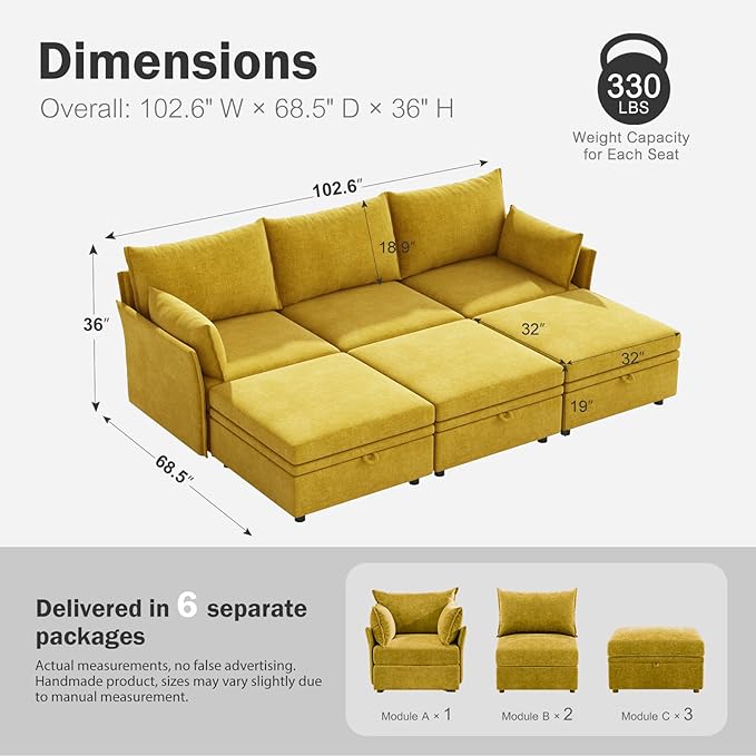 ABCASA 102.6" Luxury Modular Sleeper Sofa Bed 6 Seat Reversible Sectional Couch - Image 2