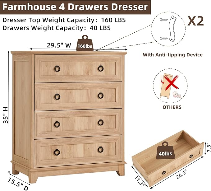 Farmhouse 4 Drawer Dresser for Bedroom Set of 2, Rustic Wood Dresser - Image 2