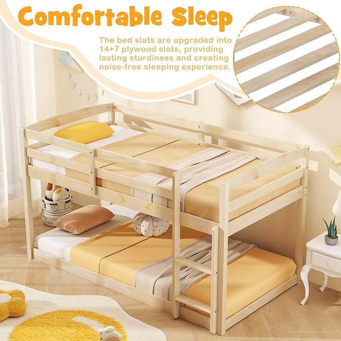 KOMFOTT Low Bunk Bed Twin Over Twin, Solid Wood Twin Bed Frame - Image 7