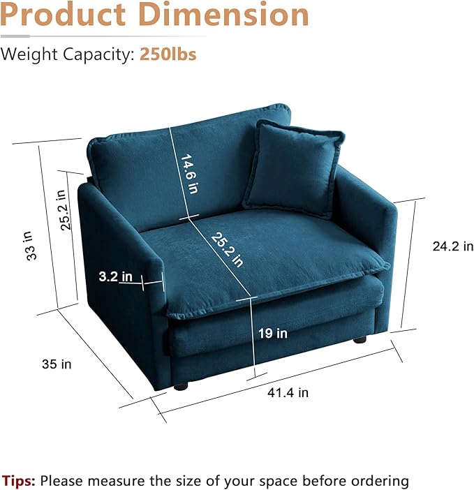 mikibama 41.4 Inch Single Seat Sofa, Chenille Comfy Deep Upholstered Couch - Image 2