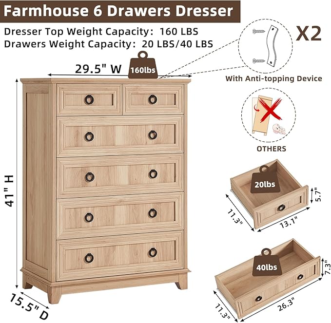 Farmhouse 6 Drawer Dresser for Bedroom Set of 2, Rustic Wood Dresser - Image 2