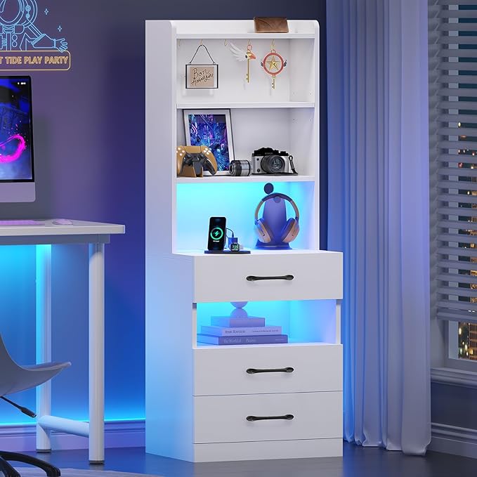 VIAGDO Tall Nightstand with Charging Station and LED Lights, Large White Night - Image 8
