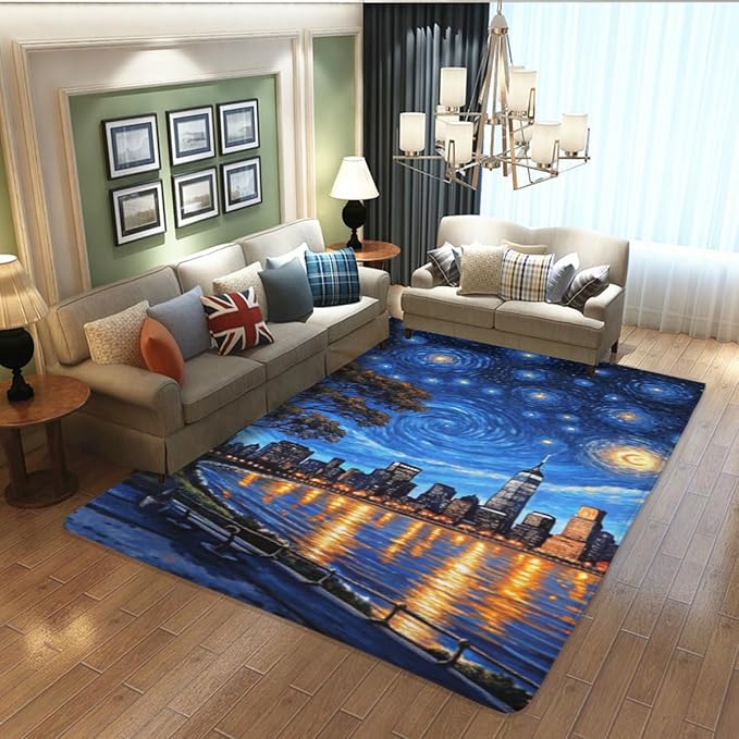 Machine Washable 5' x 7' Oil Painting-Style Area Rug, Bule Floor mat, Suitable - Image 5