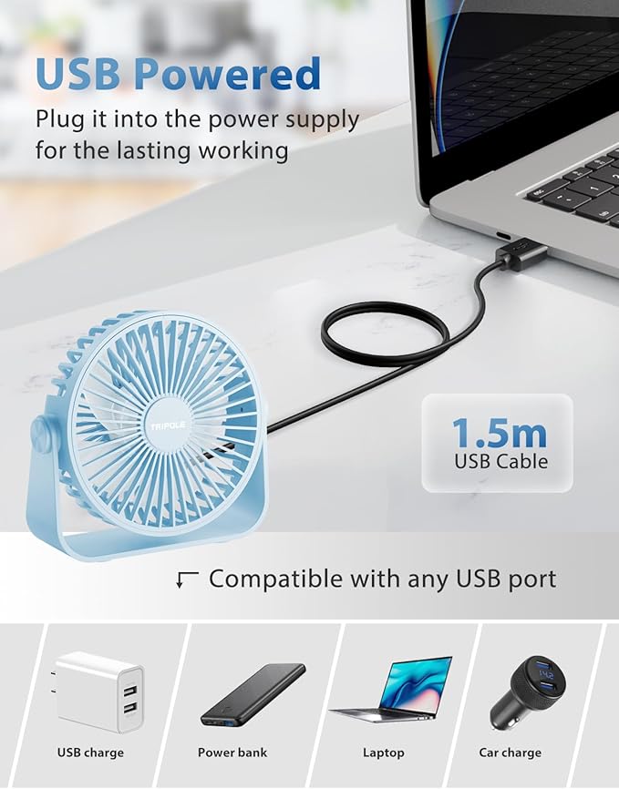 TriPole USB Desk Fan Portable Mini Fan Powerful 3 Speeds Wind Personal Desktop - Image 3