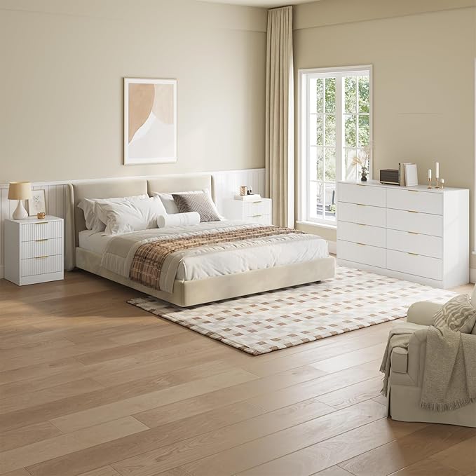 8 Drawer Dresser & Nightstand Set 3-Piece, 55” Wide Tall Fluted Dresser and - Image 3