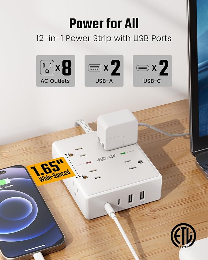 10Ft Extension Cord with Multiple Outlets, Flat Plug Surge Protector Power - Image 3