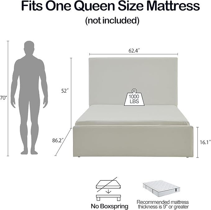 Queen Size Upholstered Bed Frame, Lucas Tall Headboard Floor Platform Beds - Image 2