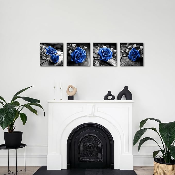 VANSEEING 4 Pieces Blue and Black Rose Flower Canvas Wall Art Floral Pictures - Image 5