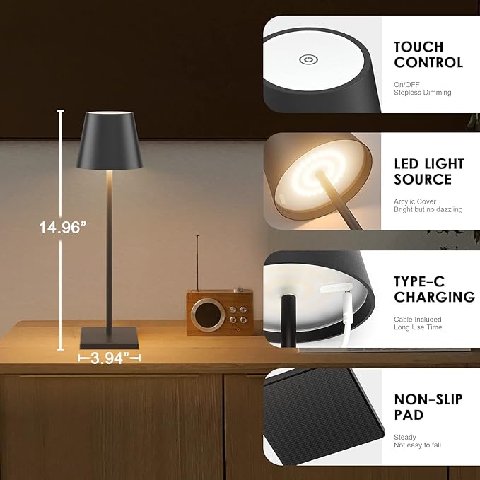 4-Pack LED Rechargeable Table Lamp, Battery Desk lamp 3W 6000mAh Battery - Image 8