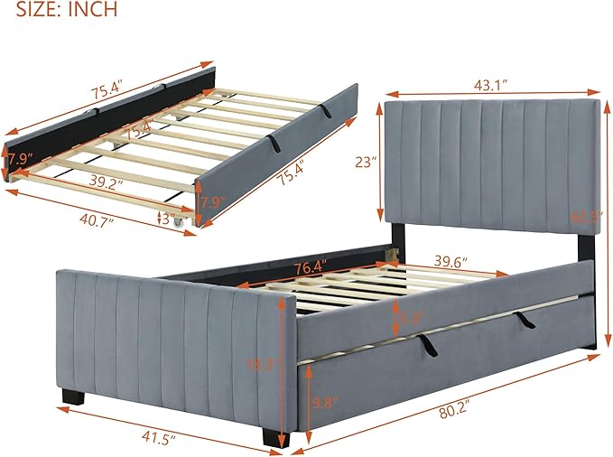 Twin Bed Frame with Trundle Bed, Velvet Upholstered Bed Frame, Twin Size - Image 2