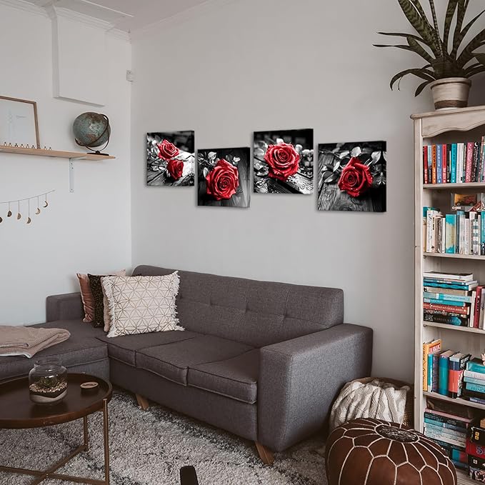 VANSEEING 4 Pieces Red and Black Rose Flower Canvas Wall Art Floral Pictures - Image 6