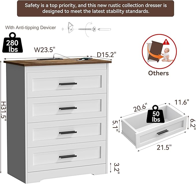 Farmhouse 4 Drawers Dresser for Bedroom Rustic Chest of Drawers - Image 3