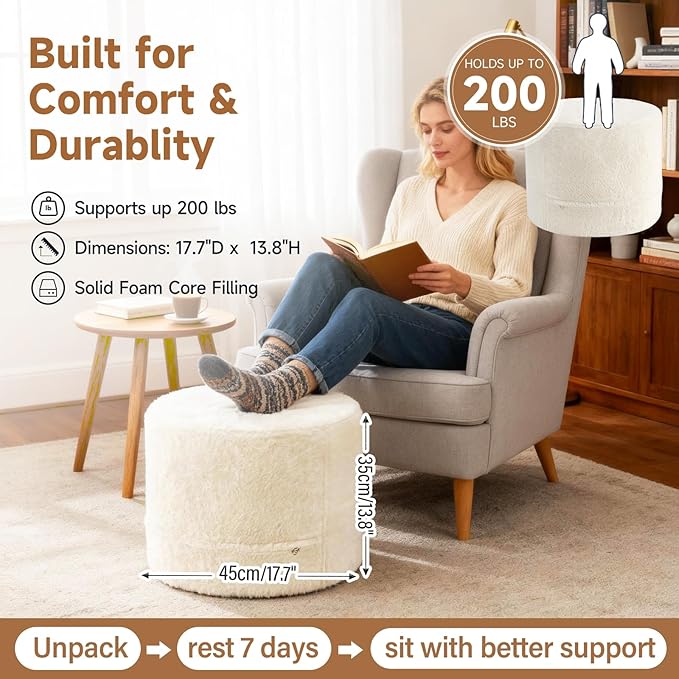 Tiita Round Stuffed Pouf Ottoman, Plush Poufs - Image 6