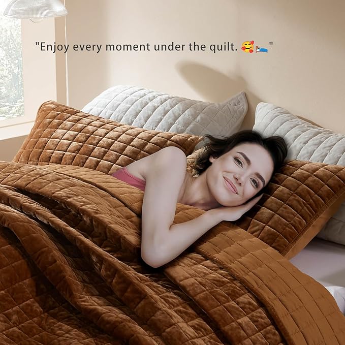 LEAONME Velvet Quilt King Size-98''x106'', Lightweight Caramel Velvet Comforter - Image 3