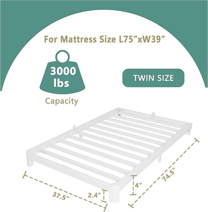 ITIMIDI 4 Inch White Twin Bed Frames, Metal Platform Bed Frame - Image 2