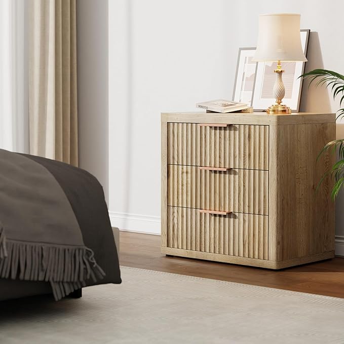 Night Stand with 3 Drawers, Fluted Bed Side End Table with Metal Handle - Image 2