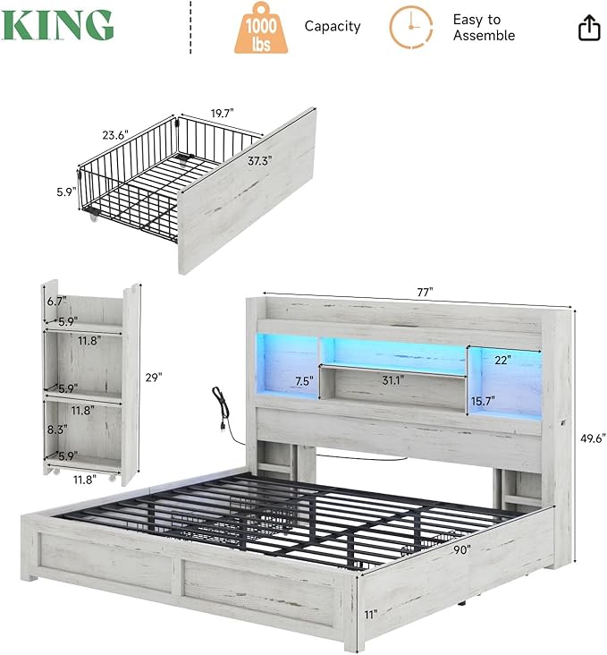 AMERLIFE King Bed Frame with 4 Storage Drawers, LED Bed Frame with 49.6" Tall - Image 2