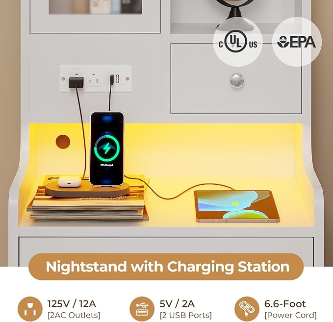 ADORNEVE Tall Night Stand with Charging Station and LED Lights, 49.2" - Image 6