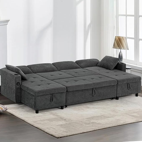 110" Fabric Pull-Out Couch Bed w/Adjustable Backrests, Sectional Sleeper Sofa - Image 2