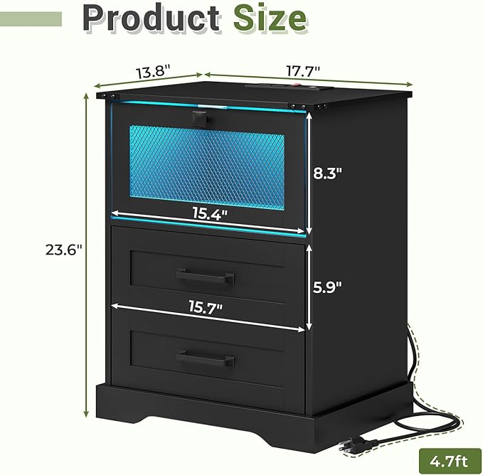 Hasuit Night Stand with Charging Station and LED Lights, Farmhouse Nightstand - Image 2