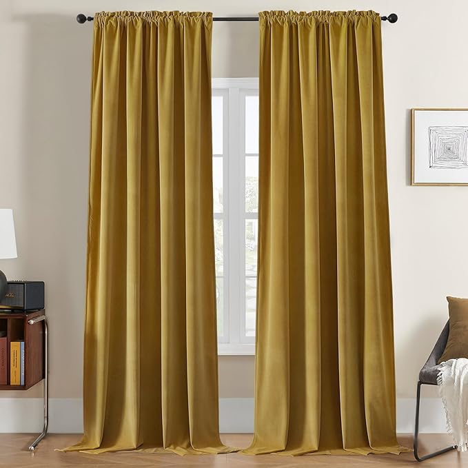Joydeco Brown Velvet Curtains 63 inch Length 2 Panels, Luxury Blackout Rod by JOYDECO