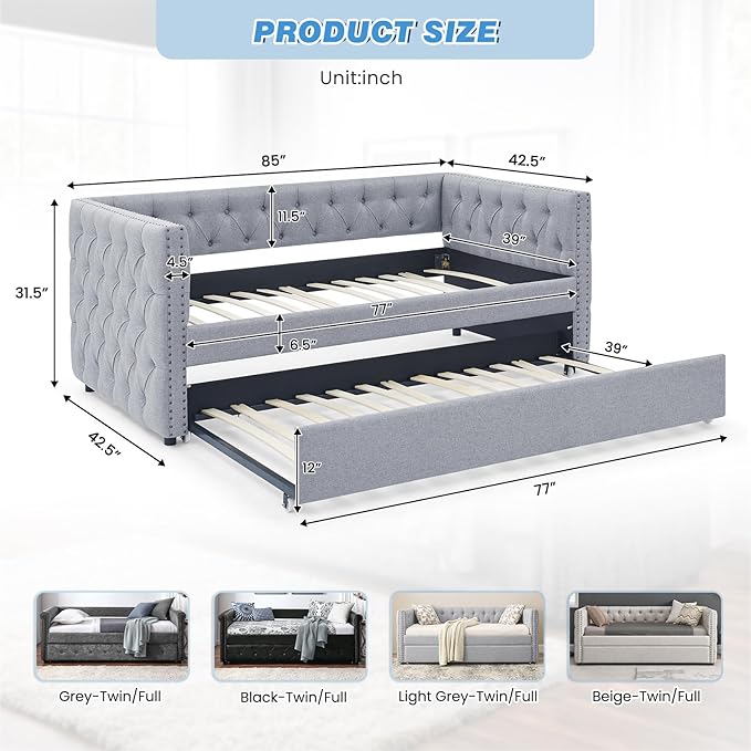 Antetek Daybed with Trundle, Upgraded Linen Upholstered Twin Size Day Bed - Image 2