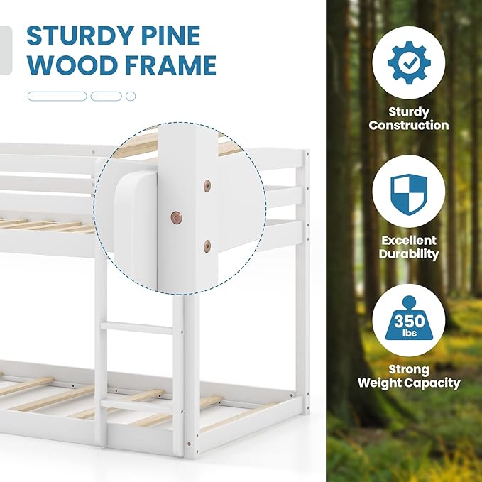 KOMFOTT Low Bunk Bed Twin Over Twin, Solid Wood Bunk Bed Frame - Image 7