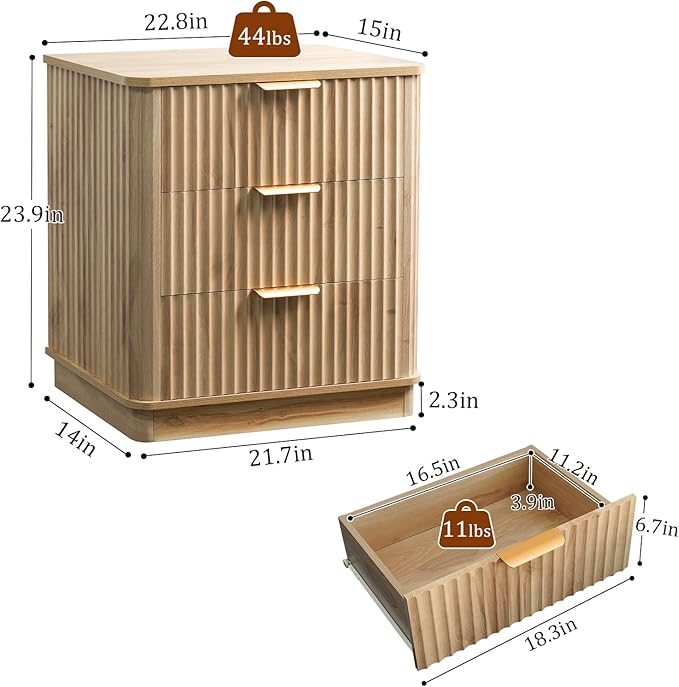 LYNCOHOME Fluted Night Stand Set of 2, Large 3 Drawer Nightand, Wood Bedside - Image 2