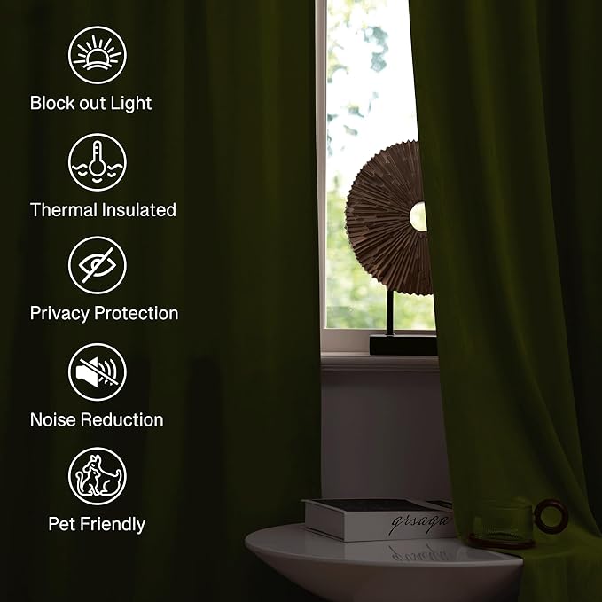 StangH Green Velvet Curtains for Living Room, 96 inches Long Thermal Insulated - Image 6
