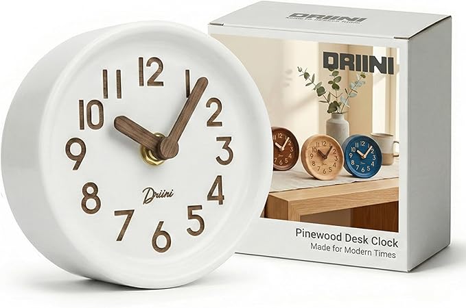 Driini Wooden Analog Desktop Clock – 4.3 in. Decorative Pinewood, No-Tick by Driini