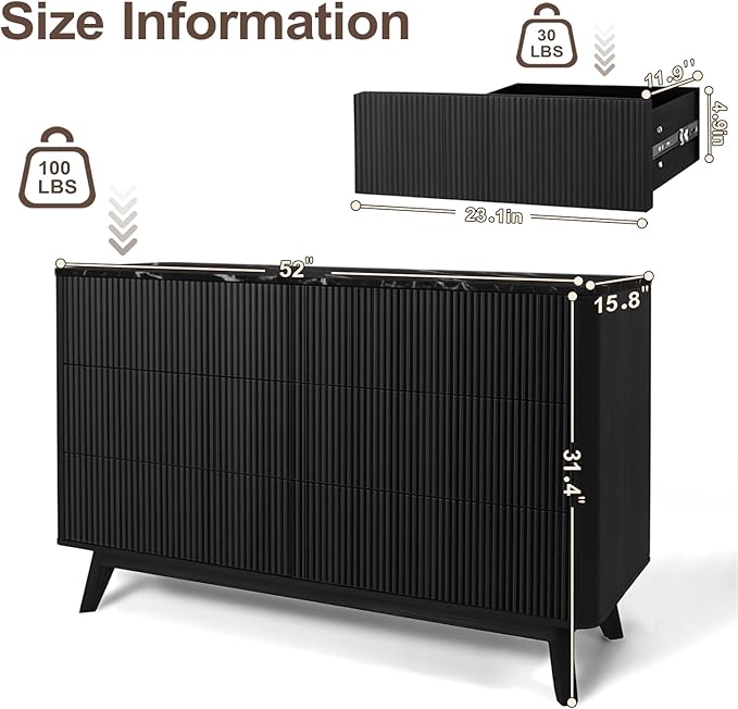 Fluted 6 Drawers Dresser for Bedroom, Wooden Dresser TV Stand, Wood Drawer - Image 3