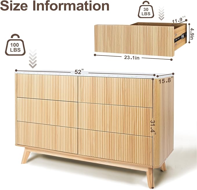 Fluted 6 Drawers Dresser for Bedroom, Wooden Dresser TV Stand, Wood Drawer - Image 2
