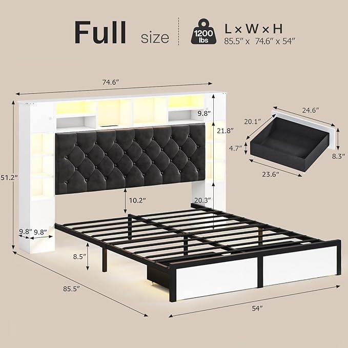 Full Size Bed Frame with Bookcase Headboard and Storage Drawers, 51.2" Metal - Image 2