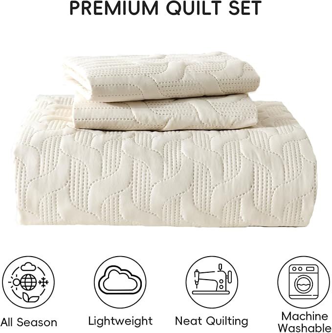 Yiran Beige Quilt Set Queen Size Lightweight Bedspread Ultrasonic Wave Pattern - Image 7