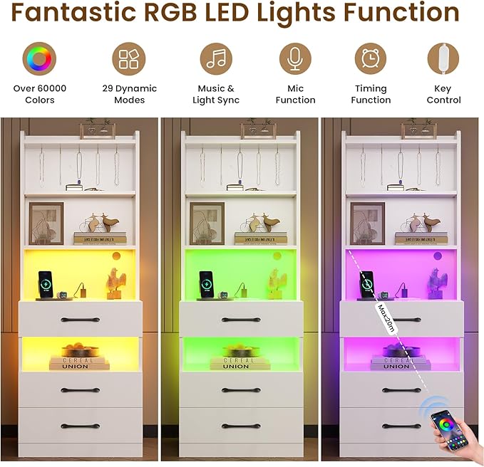 VIAGDO Tall Nightstand with Charging Station and LED Lights, Large White Night - Image 5