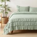 HORIMOTE HOME Asakusa Green Ruffled Quilt Set Queen Size, Geometric Square by HORIMOTEHOME
